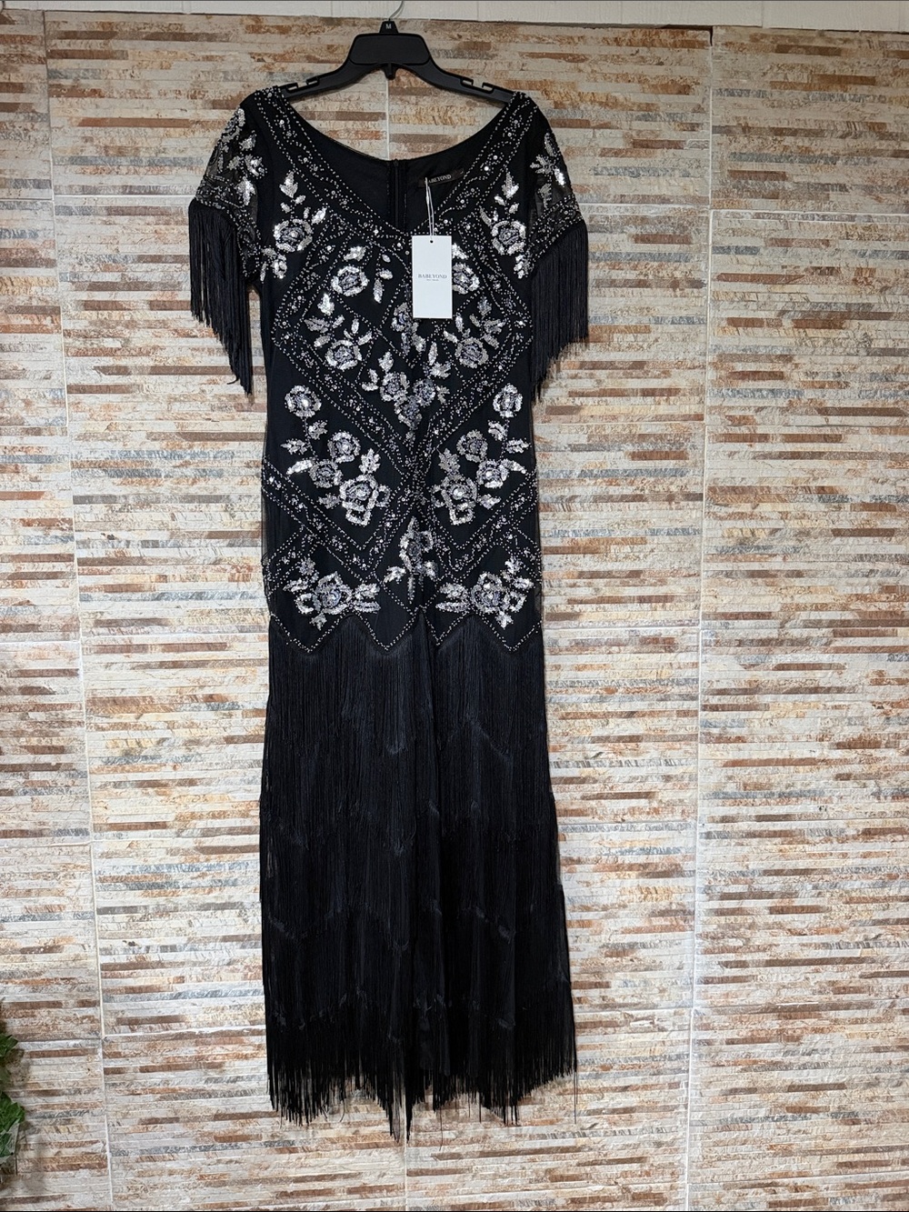Black Beaded Fringe Maxi Dress with Floral Sequin Detail